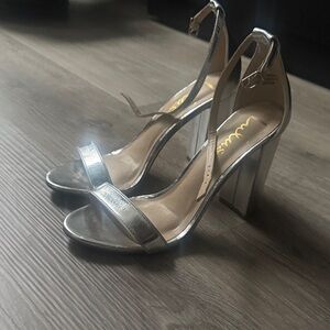 Lulu's Silver Metallic Block Heel Sandals with Ankle Strap